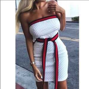 Off-Shoulder Solid Color Belt Mini Dress